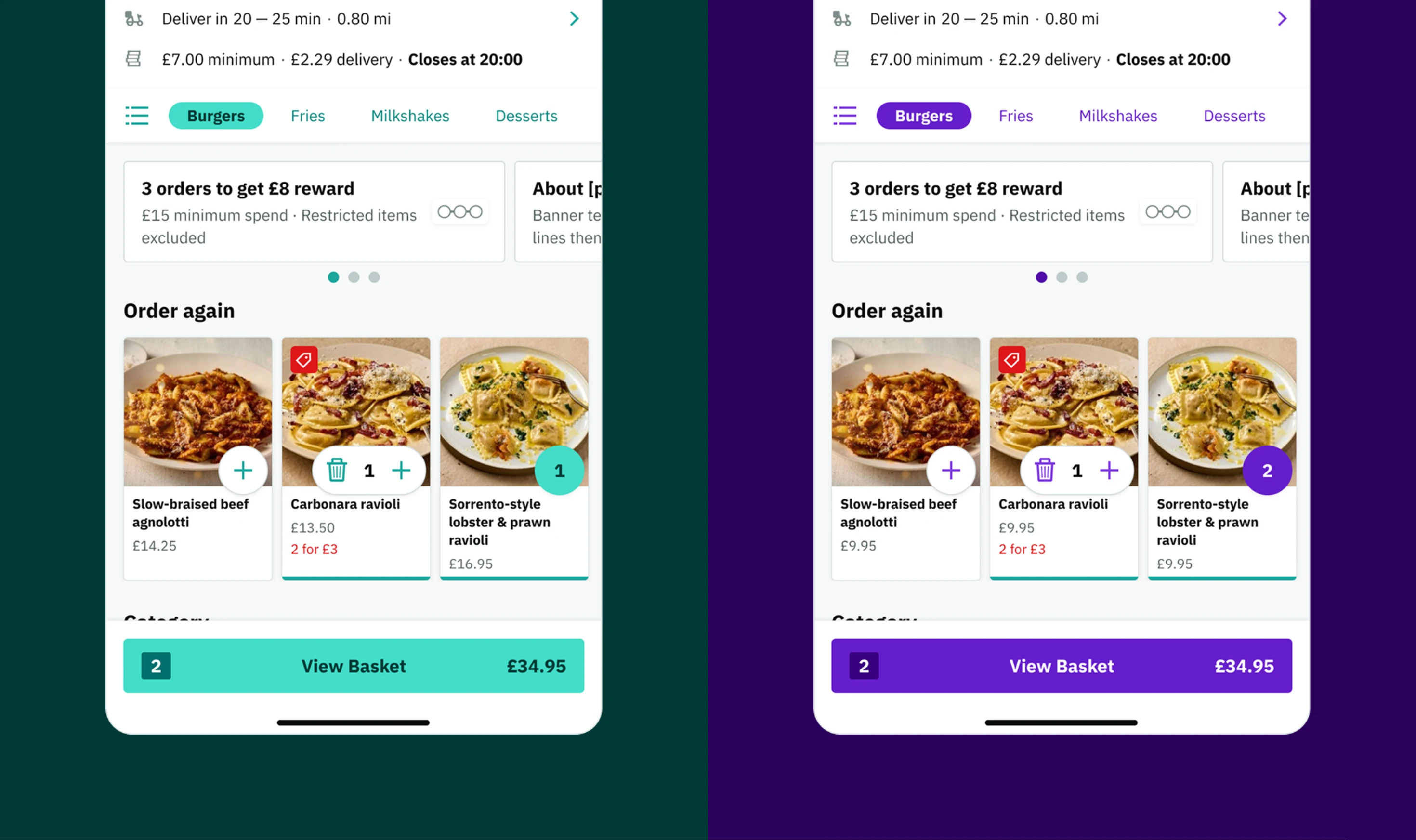 One Deliveroo restaurant menu screen shown twice, under the Deliveroo theme and the Deliveroo Plus theme, where every button and link is teal in one and purple in the other